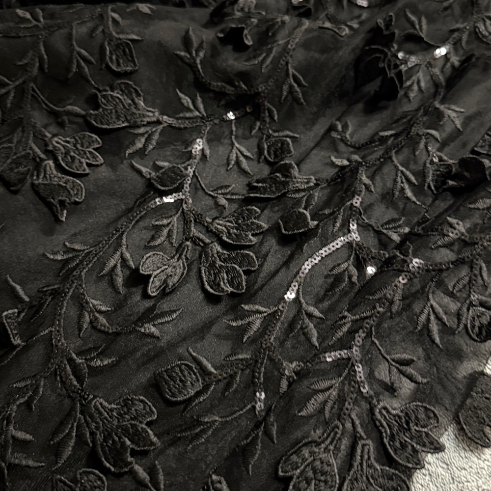 MIDNIGHT SPARKLE BLACK EMBROIDERED FEATHER BUSTIER MAXI DRESS - Picture 7 of 10